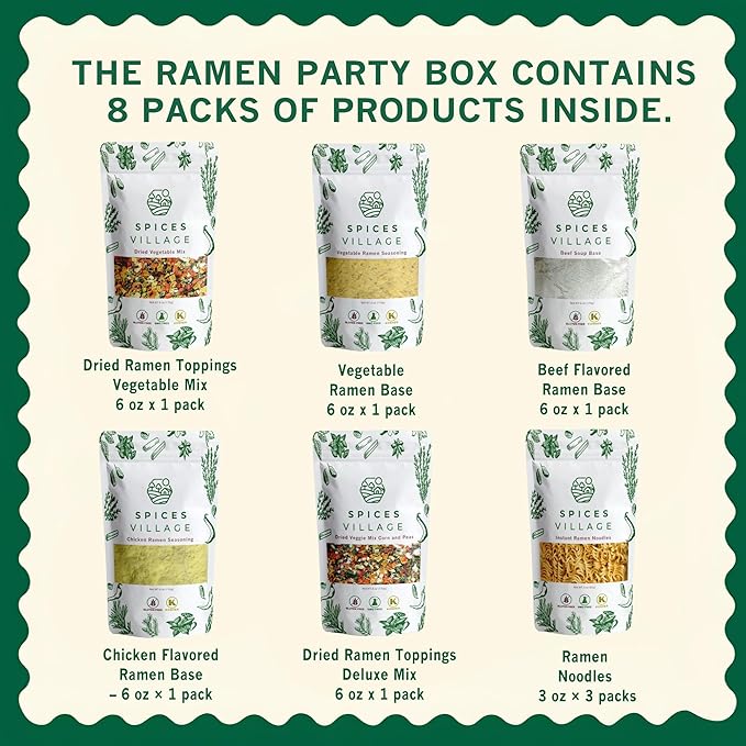Spices Village Ramen Party Box – 3 Pack Noodles 2 Pack Dried Vegetable Mixes &amp 3 Flavored Soup Bases – Chicken Beef &amp Vegetable – Gourmet DIY Ramen Kit – Perfect for Gifts &amp Family Night