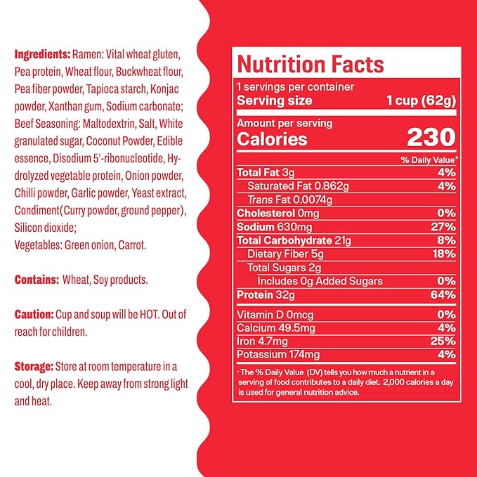Hethstia High Protein Ramen Cup Spicy Beef Flavor 6-Pack Instant Healthy Ramen Soup with 32g Plant Protein Vegan Low Carb Non-GMO Air-Dried Noodles Non-Fried Low Fat Meal