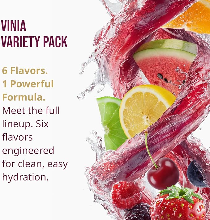 VINIA Resveratrol Electrolyte Hydration Powder Mix | Boost Blood Flow &amp Circulation | Sea Salt Coconut Water Potassium Magnesium Informed Sport Certified (30 Sticks 1. Variety Pack)