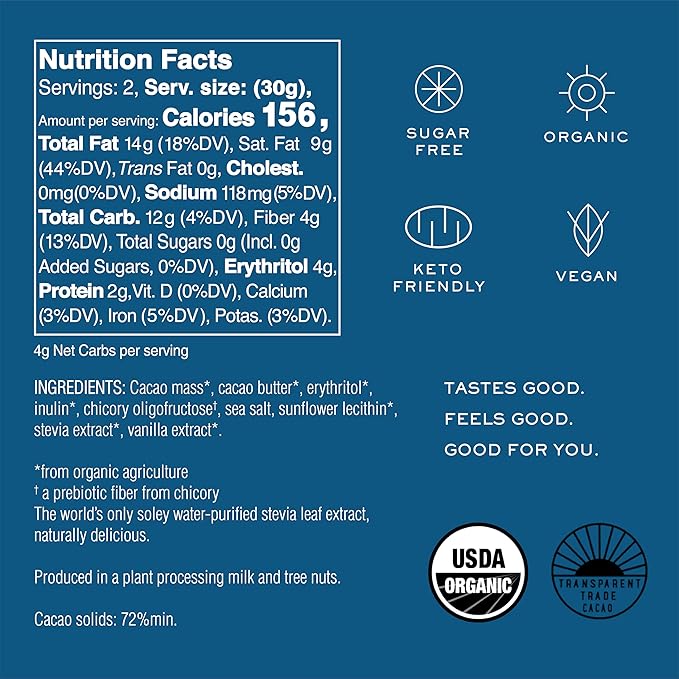 NOMOSU | Organic 72% Dark Chocolate with Sea Salt | 60g | 4 Pack | Sugar Free | USDA Organic | Vegan | Keto &amp Low Carb Friendly | Bold Cacao with Savory Sea Salt | Guilt Free Chocolate Snack