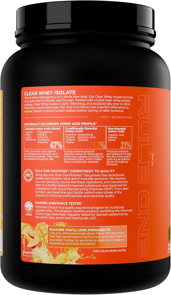 Rule 1 Proteins Clear Whey Isolate - 20g All-Whey Isolate Protein Mix Over 9g EAAs 90 Calories Zero Sugar Easy to Digest Light Crisp and Refreshing Taste (27 Servings Peach Mango)