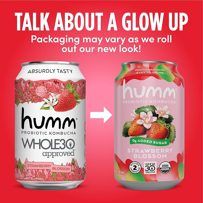 Humm Whole30 Approved Kombucha Strawberry Blossom Organic Vegan &amp GMO Free (12 Pack)