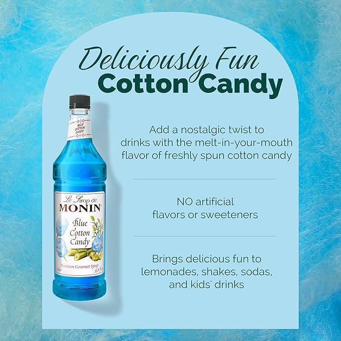 Monin - Blue Cotton Candy | Premium Syrup for Lemonades Shakes Sodas &amp More (BPA-Free Plastic Bottle 1 Liter)