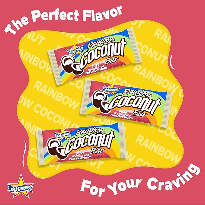 Atkinson's Rainbow Coconut Bar - Fresh Coconut and Tropical Flavored Treat - Gluten Free Kosher Vegan - 1.65 oz. Bar - 24 Count Pack