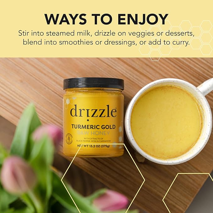 Drizzle Turmeric Gold Raw Honey - All Natural Pure Raw Honey with Organic Turmeric Unfiltered Use in Tea Golden Milk &amp Coffee Sugar Substitute Certified Kosher - 13.2 oz Jar (375 g)