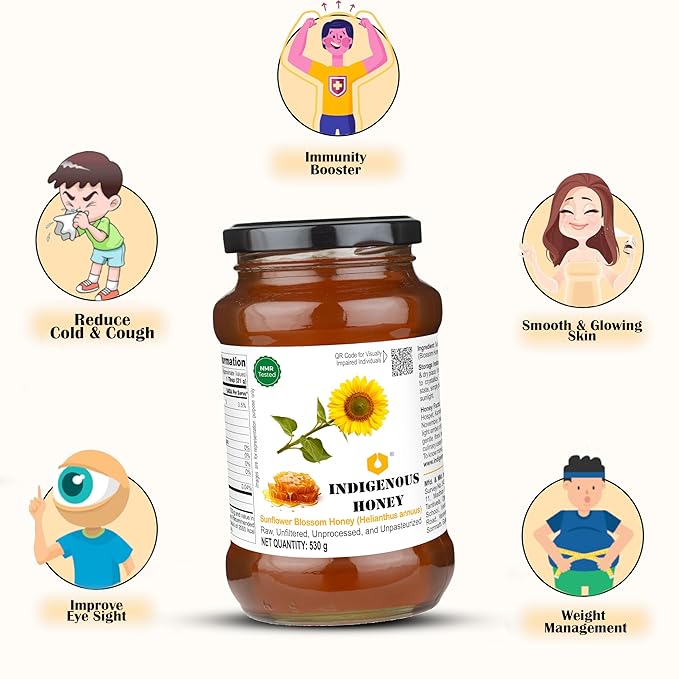 INDIGENOUS HONEY Sunflower Honey Raw Organic Natural Pure Unprocessed NMR Tested Unpasteurized Unheated 530g Glass Jar Pack of 1