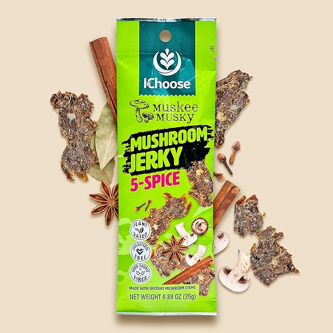 Ichoose Muskee Musky Mushroom Jerky Vegan High-Fiber Snack | Beef Jerky Alternative Perfect for Valentines &amp Snack Packs - 10 Pack Box 0.88 oz (25g) | (25g Box 10 Packs 5-Spice)