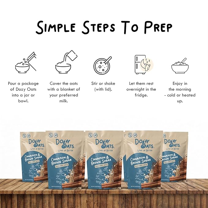 Dozy Oats Overnight Oatmeal Packets Cinnamon and Brown Sugar Multipack with Rolled Oats and Chia Seeds. Gluten-Free Natural Source of Protein and Fiber 8-Pack and Jar
