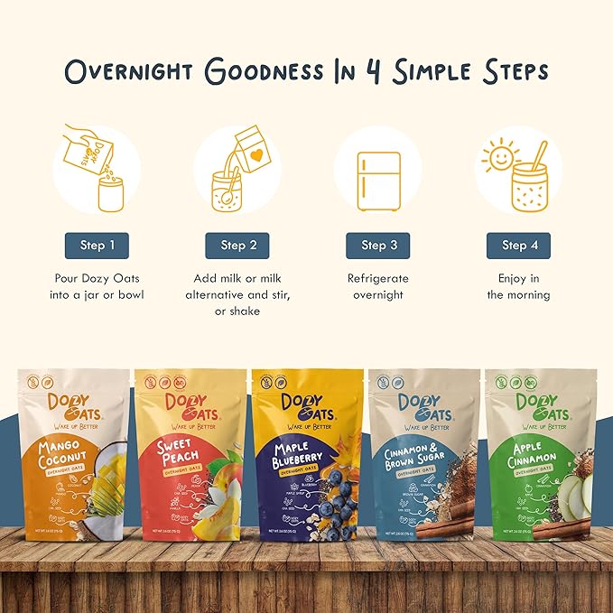 Dozy Oats Overnight Oatmeal Packets Custom Box Pick-Your-Own Flavors with Rolled Oats Chia Seeds Date Powder and Dried Fruit. Gluten-Free Natural Source of Protein and Fiber 15-Pack