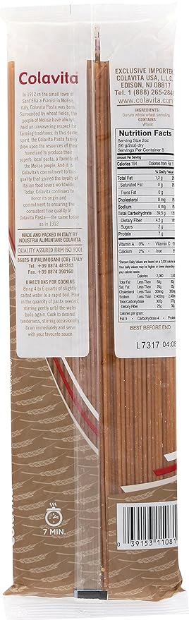 Colavita Pasta - Whole Wheat Spaghetti 1 Pound - Pack of 20