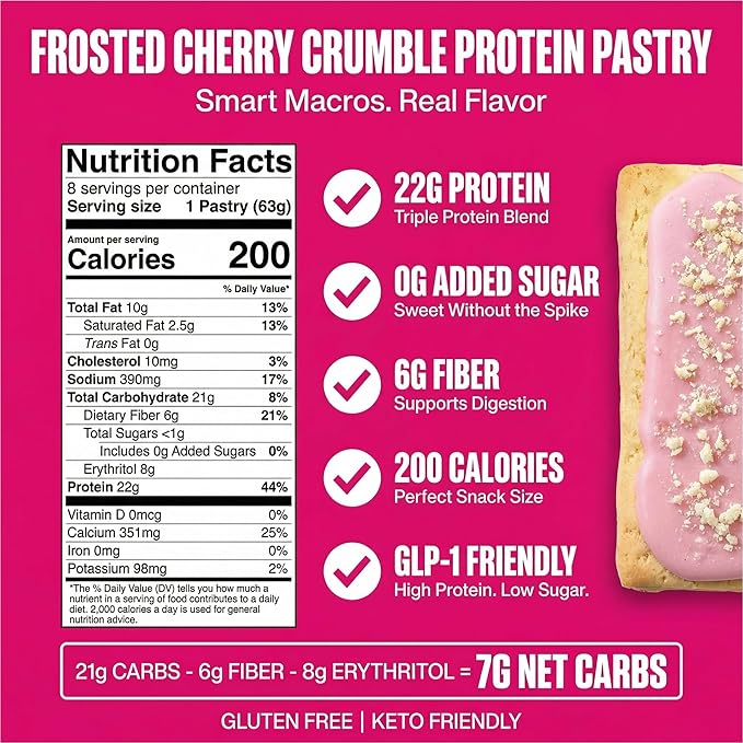 Legendary Foods 22g Protein Pastry 0g Added Sugar Low Carb Gluten Conscious Keto Snack Ideal for Glucose Management Includes Whey Protein Isolate 8 Pack Cherry Crumble