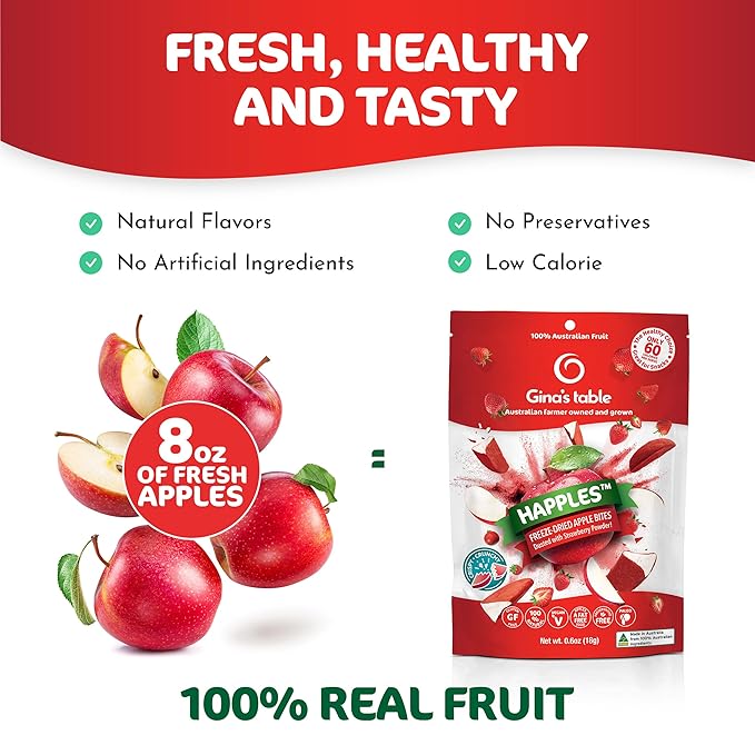 Happles Freeze Dried Apples with Strawberry Fruit Powder – 100% Natural No Added Sugar Healthy Low Calorie Apple Crisps Snack for Adults &amp Kids Gluten Free No Artificial Flavours (10 Pack)