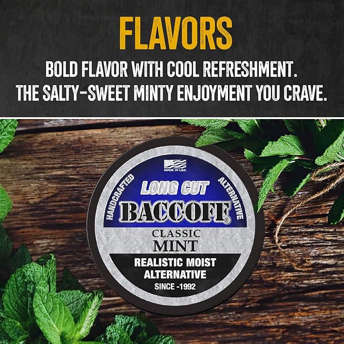 5 Cans BaccOff Classic Mint Long Cut Bold and Icy Mint Flavor Realistic Moist Alternative