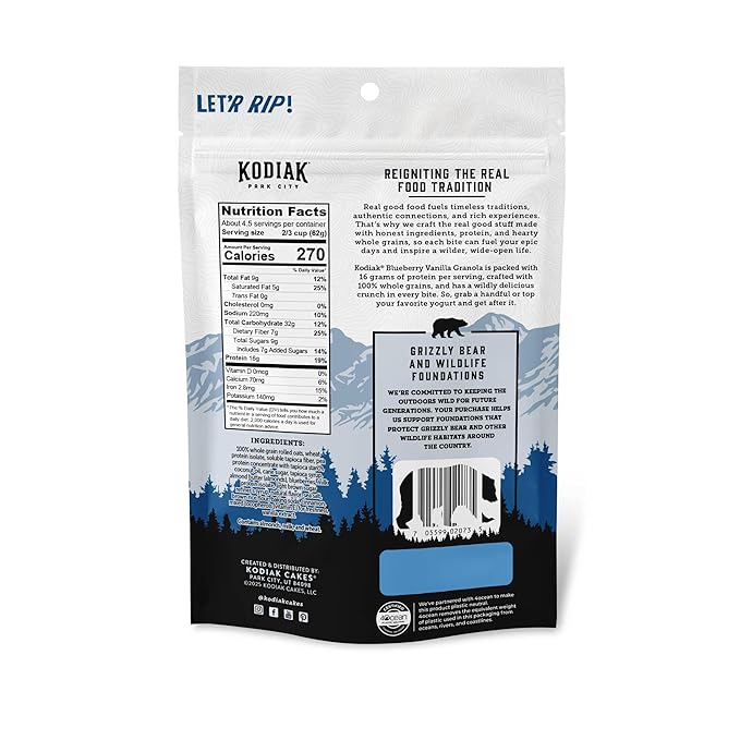 Kodiak Cakes Granola Blueberry Vanilla High Protein 100% Whole Grains (Pack of 5 pouches)