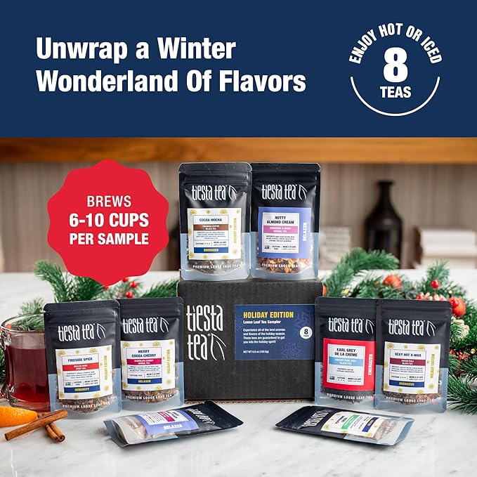 Tiesta Tea - Holiday Tea Sampler Dry Flight Set Loose Leaf High to No Caffeine Hot &amp Iced Premium Brew Sample with Black Herbal Fruit &amp Hibiscus Blends 8 Resealable Sample Pouches