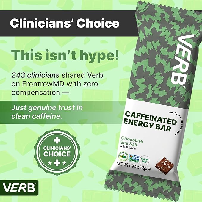 Verb Caffeinated Energy Bars Chocolate Sea Salt (26g Pack of 16) 110-Calorie Delicious Low Sugar Energy Bar - Vegan Gluten Free On-the Go Snack with 80mg Green Tea Caffeine Only Real-Food Ingredients