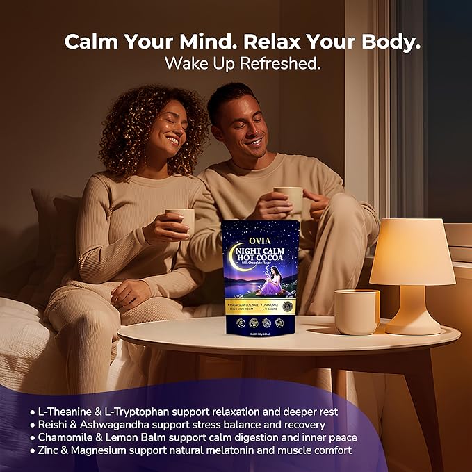OVIA Night Calm – Melatonin-Free Magnesium Mushroom Hot Cocoa for Sleep – Nighttime Hot Chocolate with L-Tryptophan L-Theanine &amp Reishi – Relaxation Stress &amp Cortisol Support | 30 Servings