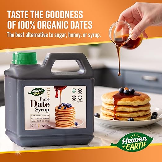 Heaven &amp Earth 100% Organic Date Syrup Silan 52.8oz (2 Pack = 6.6lb) | 1 Ingredient | Natural Honey Alternative | Low Glycemic Index Sugar Replacement | Date Honey | Kosher - Including Passover