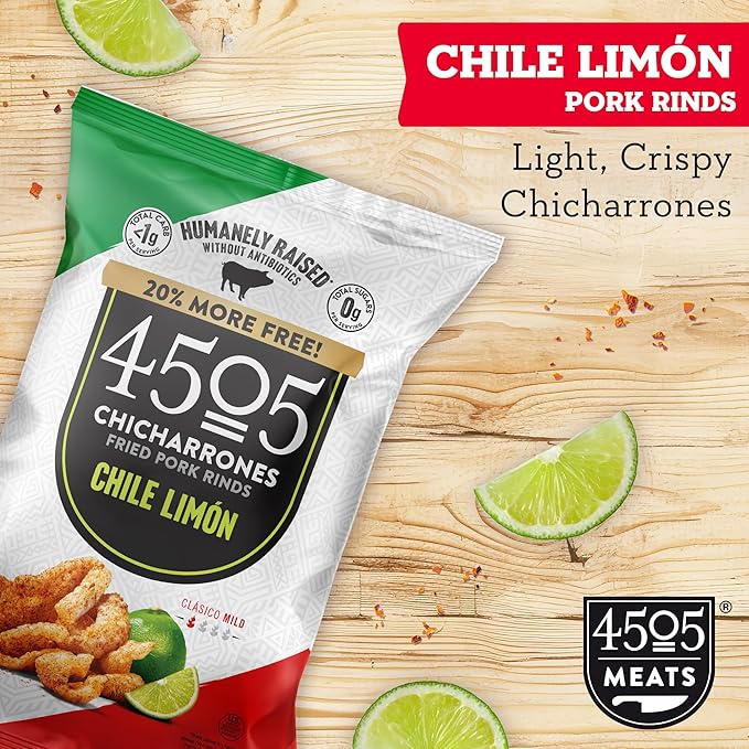 4505 Tajin Seasoned Chicharrones Fried Pork Rinds - Chile Limon Mild Flavored Pork Skins - Low Carb Gluten-Free Protein Snack - 2.7oz (Pack of 12)
