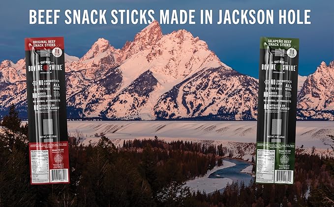 Bovine &amp Swine All-Natural Gourmet Craft Beef Snack Sticks | 10 Packs of 2 | Wyoming Jerky Sticks High Protein Individually Wrapped | Camping &amp Hiking Snacks | Clean Ingredients | Jalapeño B