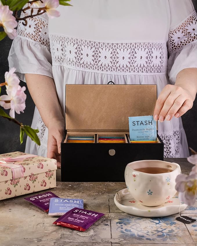 Gourmet Herbal and Decaf Tea Gift Variety 60 Count 15 Flavors Non-GMO and All-Natural Vegan Leather Storage Box