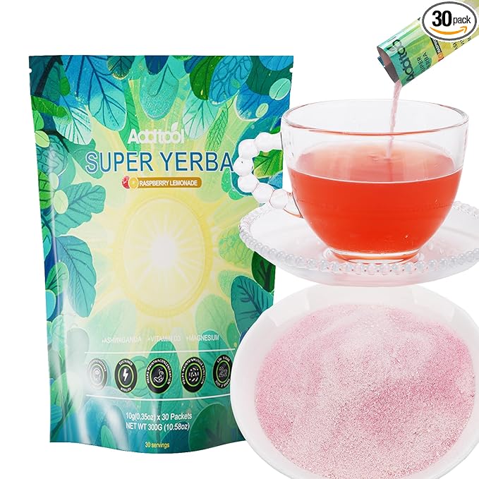 AddTool-super yerba packets - Instant Tea Powder Yerba Raspberry Lemonade Vitality Teadecaffeinated Natural Energy &amp Focus Boost- Clean Energy Prebiotics and Probiotics Gut Health Delicious s