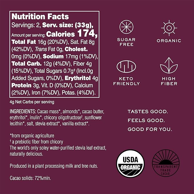 NOMOSU | Organic 72% Dark Chocolate with Salted Almonds | 65g | 4 Pack | Sugar Free | USDA Organic | Keto &amp Low Carb Friendly | Vegan | Bold Cacao with Crunchy Almonds | Guilt Free Chocolate Snack