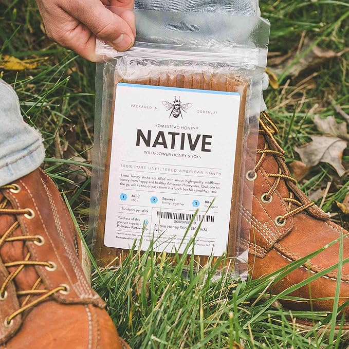 Homestead Honey Native Sticks 100 Count - Pure Wildflower - Individual Packets - Unfiltered Snack for Kids Hiking and Tea - Natural No Additives - 8.25x6x1.25 inches