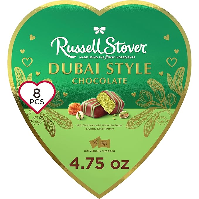 RUSSELL STOVER Valentine's Day Dubai Style Milk Chocolate Candy Pistachio &amp Kataifi Heart Gift Box 4.75 oz.