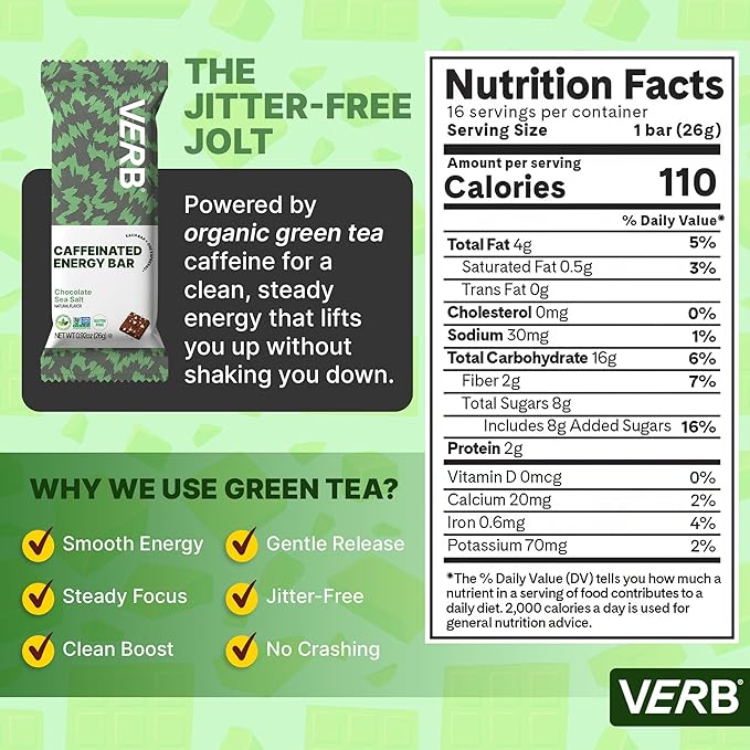 Verb Caffeinated Energy Bars Chocolate Sea Salt (26g Pack of 16) 110-Calorie Delicious Low Sugar Energy Bar - Vegan Gluten Free On-the Go Snack with 80mg Green Tea Caffeine Only Real-Food Ingredients