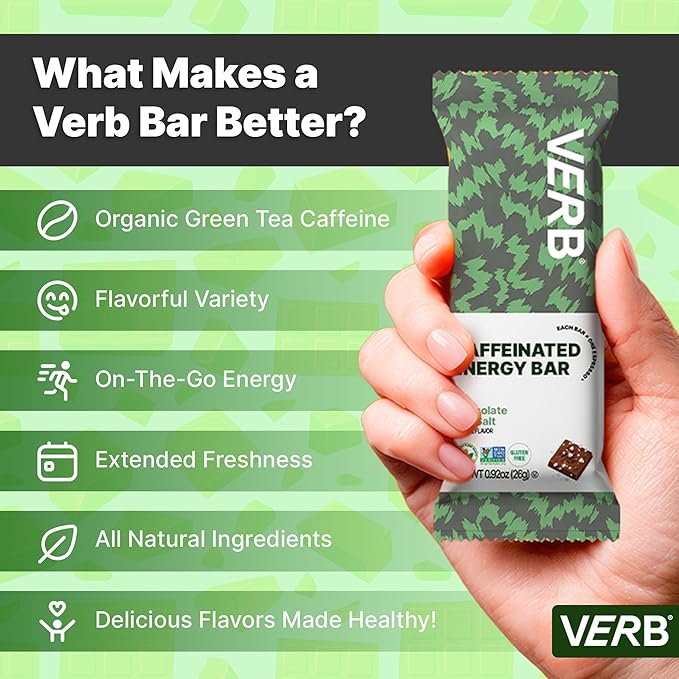 Verb Caffeinated Energy Bars Chocolate Sea Salt (26g Pack of 16) 110-Calorie Delicious Low Sugar Energy Bar - Vegan Gluten Free On-the Go Snack with 80mg Green Tea Caffeine Only Real-Food Ingredients
