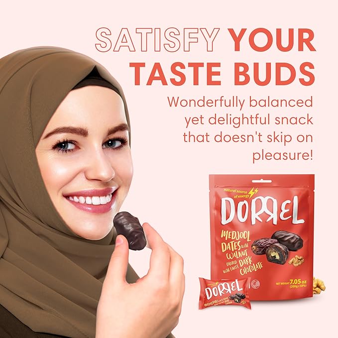 DORREL - Belgian Dark Chocolate Covered Dates (Medjool) with Walnuts Stuffing High Energy Vegan Choco Snack Delicious Kosher &amp Non-GMO Pack of 3 Stuffed Chocolate Dates 7.05 oz / 200 g Ea