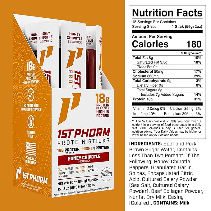 1st Phorm Meat Sticks Honey Chipotle 18G Protein per Serving USA Raised Lean Beef and Pork High Protein Snacks Gluten Free No Msg or Nitrates Individually Wrapped 15 Count