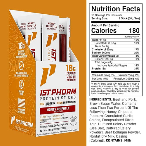 1st Phorm Meat Sticks Honey Chipotle 18G Protein per Serving USA Raised Lean Beef and Pork High Protein Snacks Gluten Free No Msg or Nitrates Individually Wrapped 15 Count