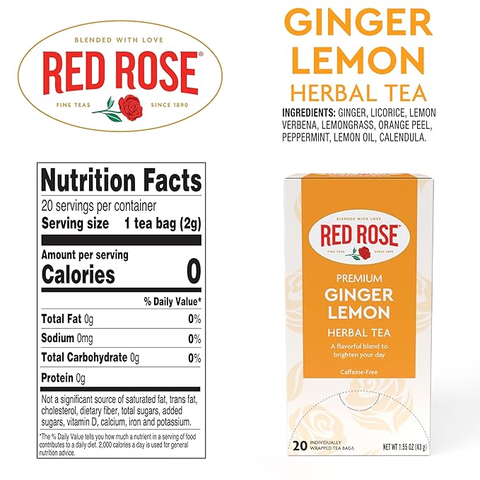 Red Rose Ginger Lemon Tea Caffeine Free Herbal Tea Naturally Flavored Tea with Mint Lemon Orange &amp Lemongrass Herbal Tea with 20 Individually Wrapped Tea Bags Per Box (Pack of 6)