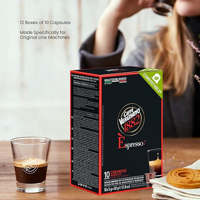 Caffe' Vergnano Medium Roast Espresso Original Line Machine Compatible Capsules - Arabica Robusta Espresso Coffee Italian Coffee Espresso For Nespresso Coffee Machine Intensity 6/10 - Cremoso120 Ct