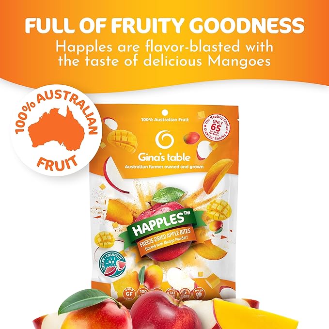 Happles Freeze Dried Apples with Mango Fruit Powder – 100% Natural No Added Sugar Healthy Low Calorie Apple Crisps Snack for Adults &amp Kids Gluten Free No Artificial Flavours (10 Pack)