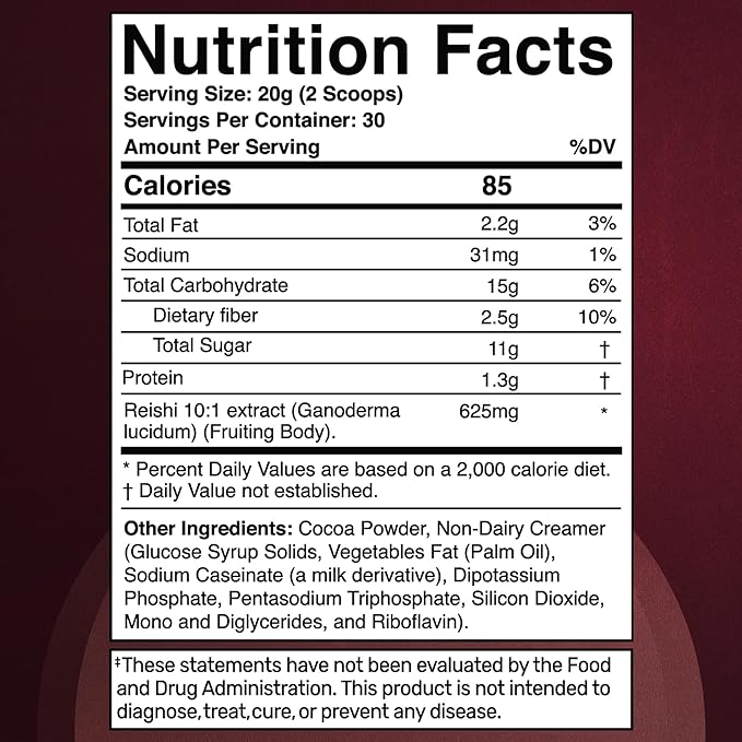 Mushroom Hot Chocolate Powder with Reishi 10:1 Extract Hot Cocoa Powder Caffeine-Free Mushroom Coffee Alternative - Adaptogenic Superfood Drink for Focus Relaxation and Mood Support - 30 Servings