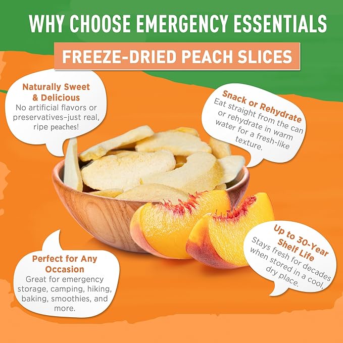 Emergency Essentials Freeze-Dried Peach Slices #10 Can Freeze-Dried Fruit Freeze-Dried Peaches Peach Rings Snacks Emergency Food Cans 30-Year Shelf Life Food