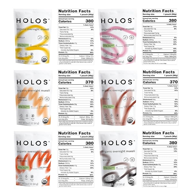 HOLOS Protein Overnight Oats - 12 Pack Variety Flavors with Jar - 20g Plant Proteins Organic Gluten Free Cereal with High Fiber Probiotics Vitamins Minerals