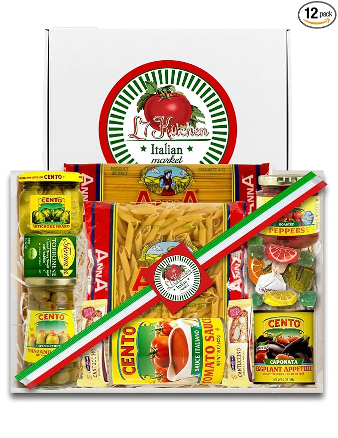 Family Style Imported Italian Gift Basket with Pasta Sauce Antipasto and More