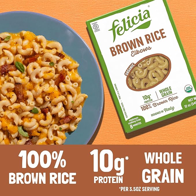 Felicia Gluten Free Pasta Brown Rice Elbows 10G Protein per Serving Organic Whole Grain Noodles Made With 100% Brown Rice Designed in Italy Plant Based Non GMO 12 Oz 6 Boxes