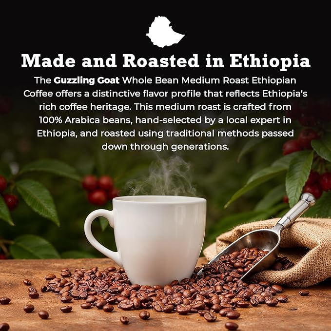 Guzzling Goat Ethiopian Coffee Beans | Premium Medium Roast Coffee Whole Bean | Strong Flavorful Brew | Sourced &amp Roasted in Ethiopia