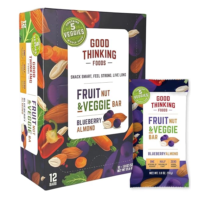 Good Thinking Foods Fruit &amp Veggie Bars-Blueberry Almond | Vegetarian High Fiber (12g) Whole Food Bar Organic Fruit Real Vegetables Healthy Fats Antioxidants No Added Sugar Great Tasting