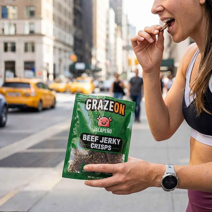 GrazeOn Beef Jerky Crisps Variety Pack - High Protein No Sugar Crunchy Air-Dried Meat Snack All-Natural Low Carb Keto Paleo Whole30 Spicy Pack All Natural Jerky Sampler with Red Chile Jalapeñ