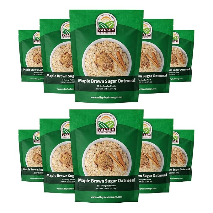 Valley Food Storage Maple Brown Sugar Oatmeal | 10-Bag Bucket 100 Servings | Premium Emergency Food Supply 25 Year Shelf Life | Survival Breakfast Food for Prepper Storage &amp Camping