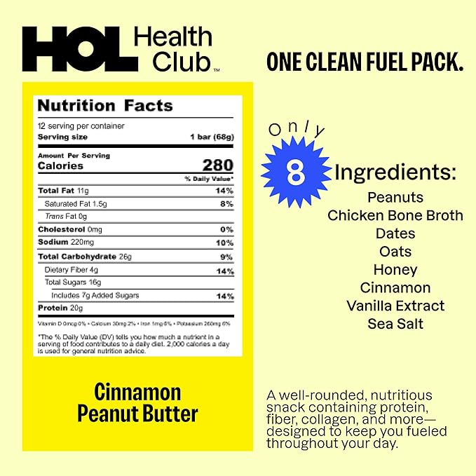 HOL Bone Broth Protein Bars - Cinnamon Peanut Butter - 20g Whole-Food Protein - Natural Energy Snack Made with Real Ingredients - Gluten-Free No Artificial Additives - Great On-the-Go Fuel - 12 Pack