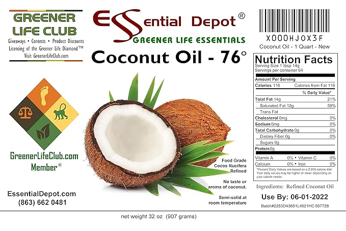 Coconut Oil - 76F - 32 oz in a 1-quart container - No Scent/Odor - also called Coconut Butter - Food Grade - safety sealed HDPE container with resealable lid - microwave-safe (remove foil seal) freez