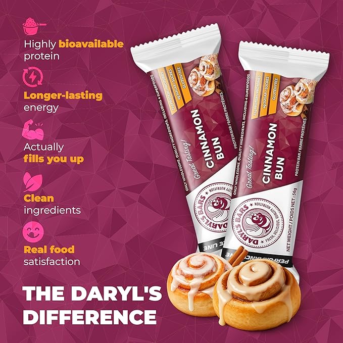 Daryl's Bars Cinnamon Bun On the Go Whey Protein Bars Gluten Free 21gr of Protein Snack Meal Replacement Pack of 1