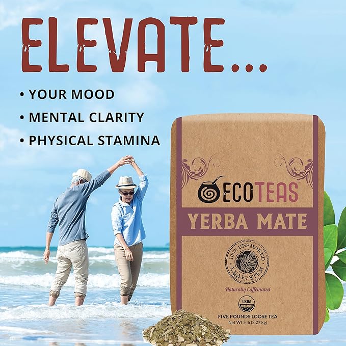 ECOTEAS Organic Yerba Mate Loose Leaf Tea – Unsmoked Detox Herbal Tea for Natural Energy – Coffee Alternative - Kosher Non-GMO Gluten-Free - Traditional Leaf-Stem Cut 5 lb